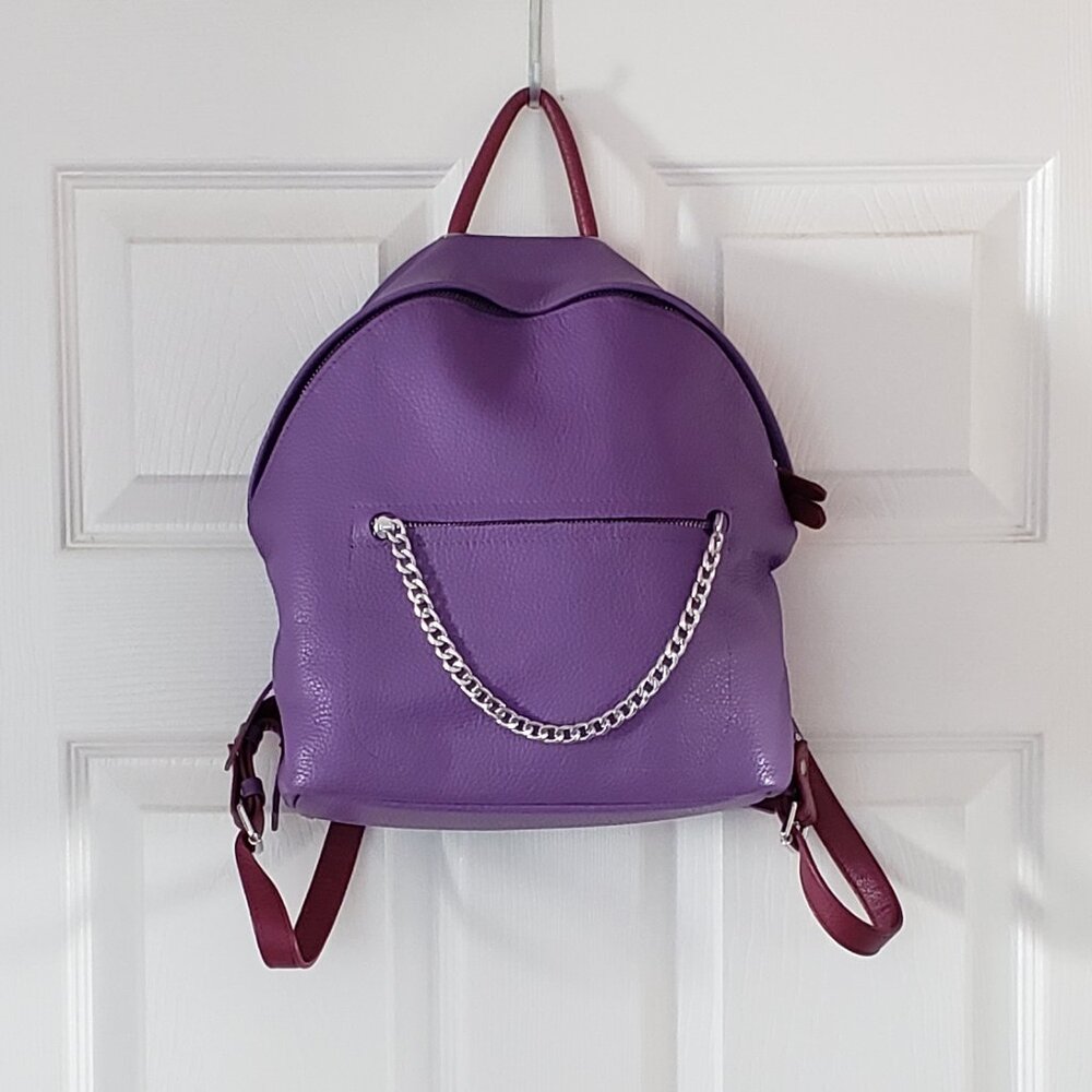 Purple Genuine Leather Backpack with Chain and Fuschia accents
